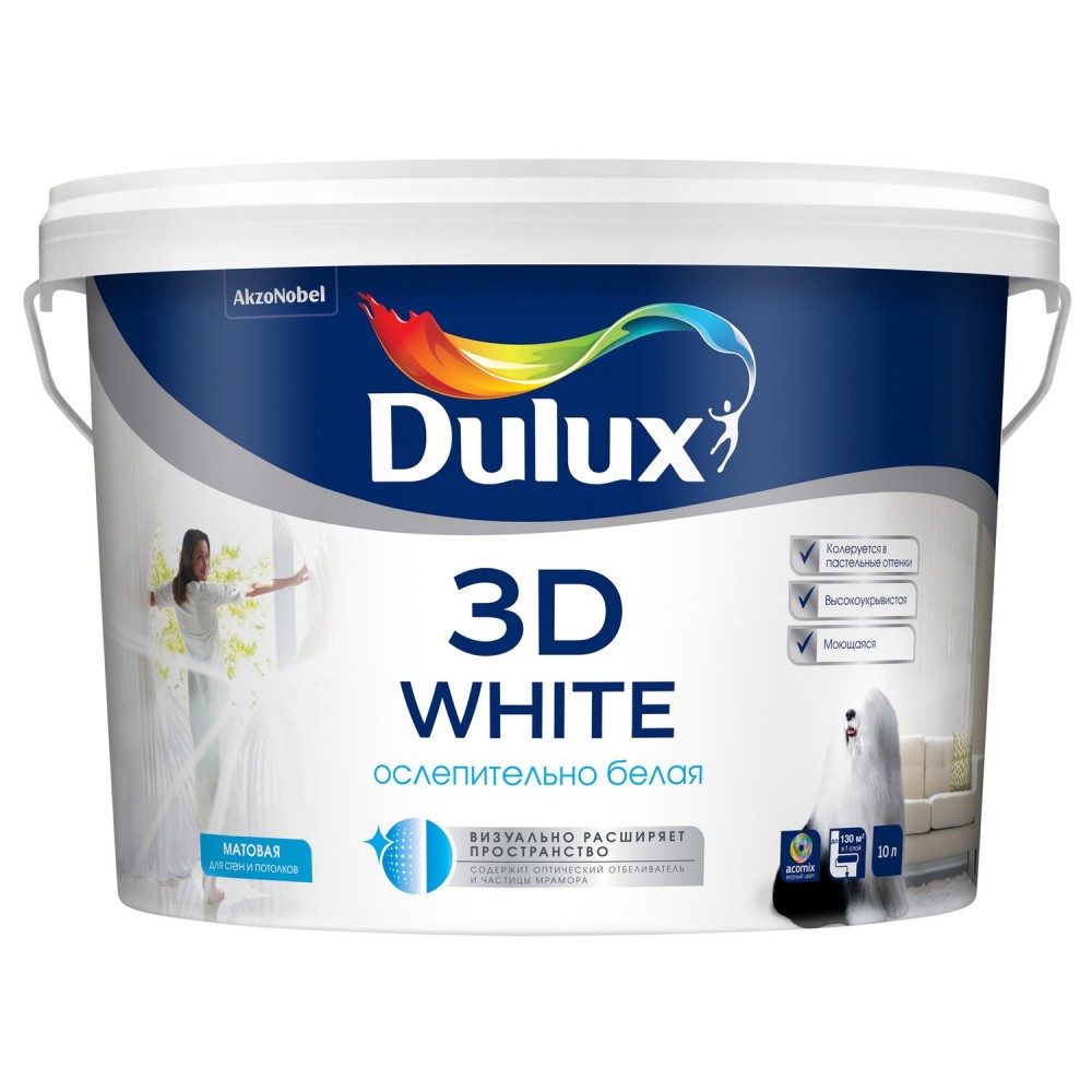 Краска В/Э 3D WHITE 10 л на основе мрамора, ослепительно белая матовая Дюлакс - фото - 1