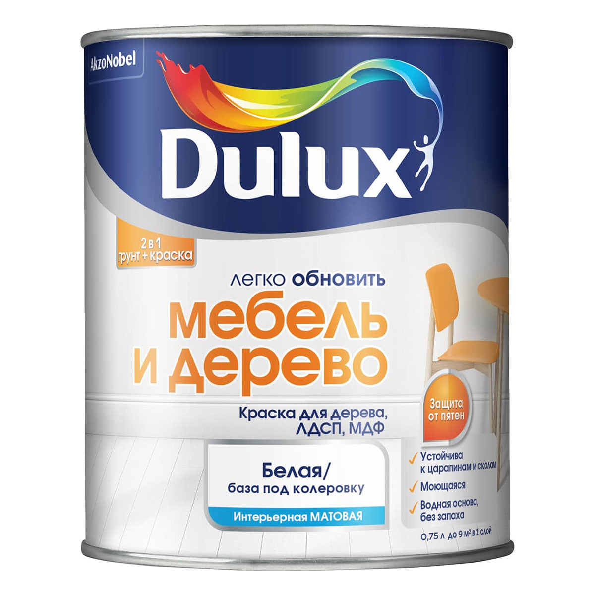 Краска грунт для дерева DULUX ЛЕГКО ОБНОВИТЬ МЕБЕЛЬ И ДЕРЕВО, ЛДСП, МДФ, матовая, база BС 0,75л - фото - 4