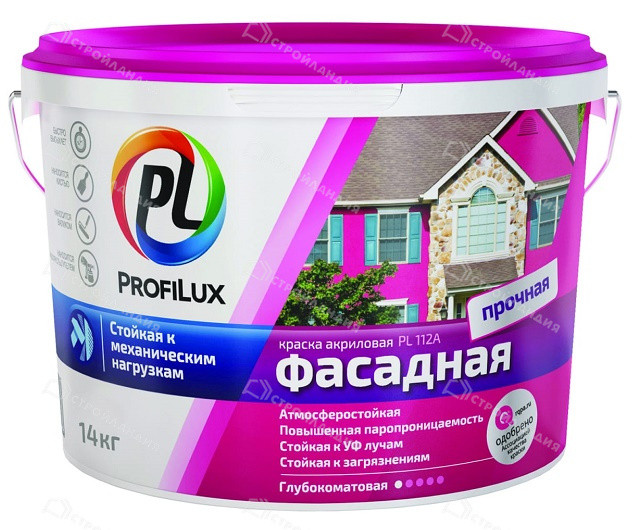 Краска фасадная влагостойкая, белая PL 112А ПРОФИЛЮКС 14кг - фото - 1
