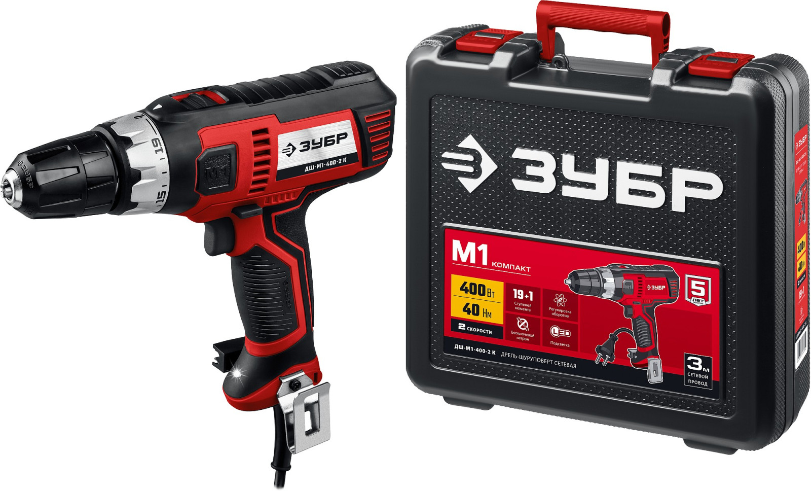 Дрель-шуруповерт сетевая Зубр 400 Вт, 40 Н·м, кейс (ДШ-М1-400-2 К) - фото - 5